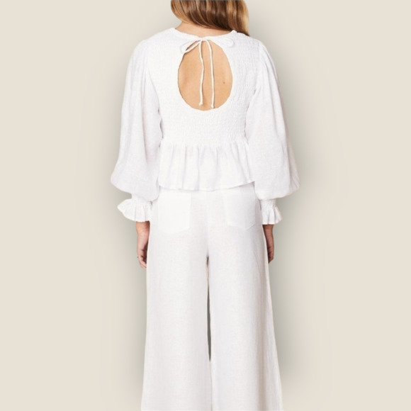Faithfull the Brand Savita Smocked Linen Puff Sleeve Open Back Top White Small - Picture 2 of 14